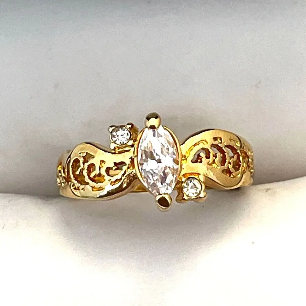 Vintage 1970s Vargas Marquise CZ Ring 18KT Gold Plate Filigree Size 7 - 5T